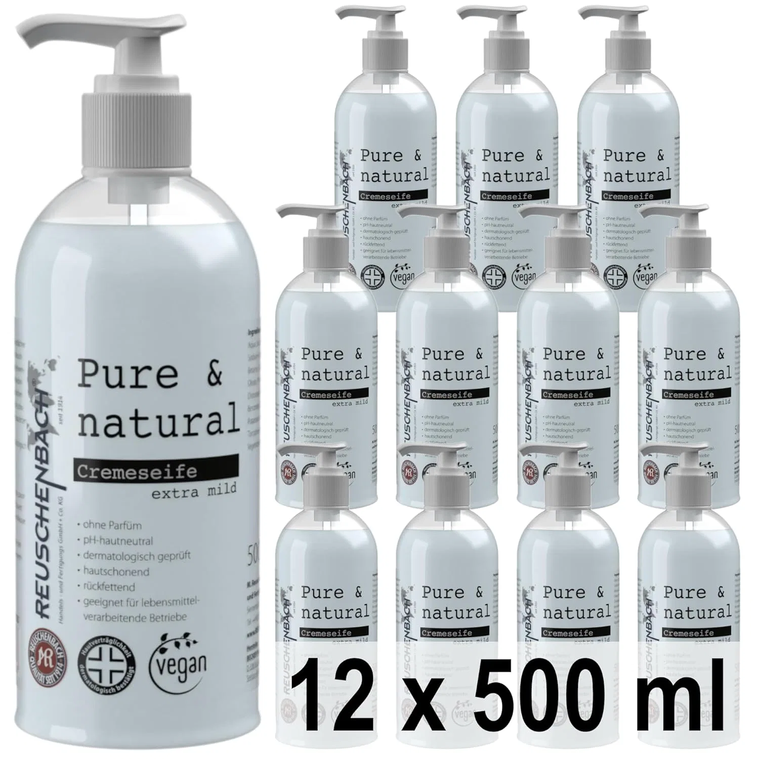 Кремовое мыло для рук Reuschenbach Pure & Natural, 12 x 500 мл