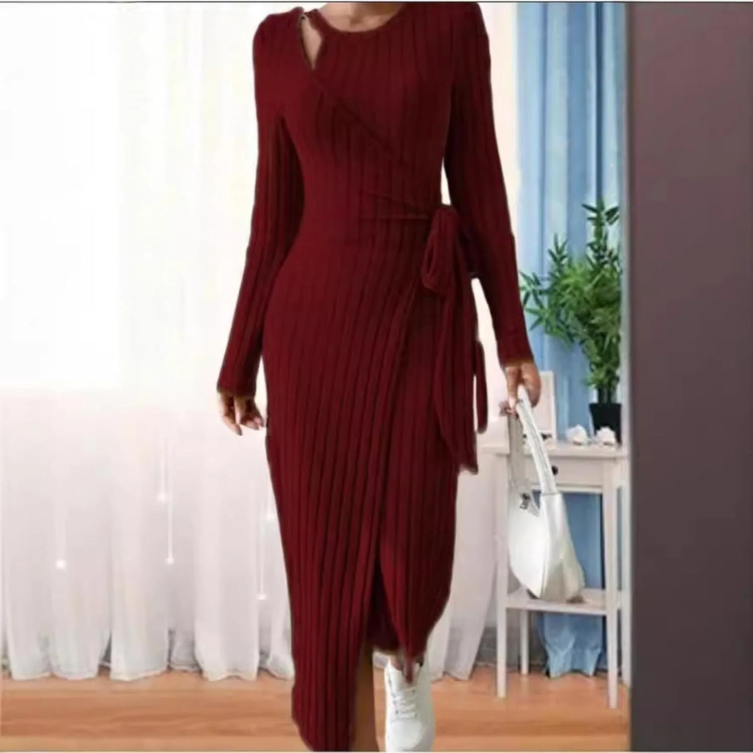 Женское облегающее платье с запахом и поясом Ribbed Knit Sweater Dress, 2 — фото 2