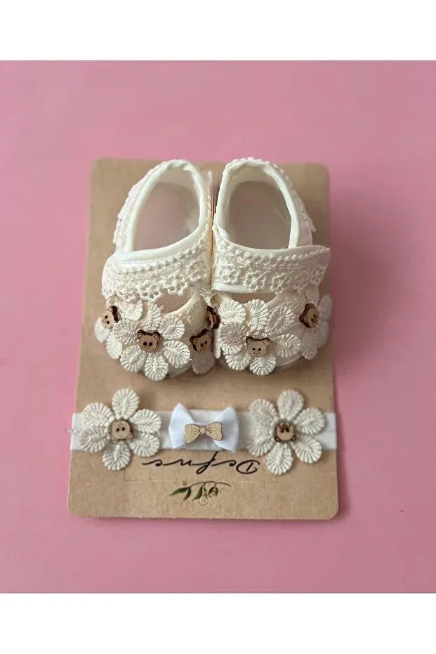 Детские пинетки для девочек кружевные Lace baby booties & headband Baby Wear, White