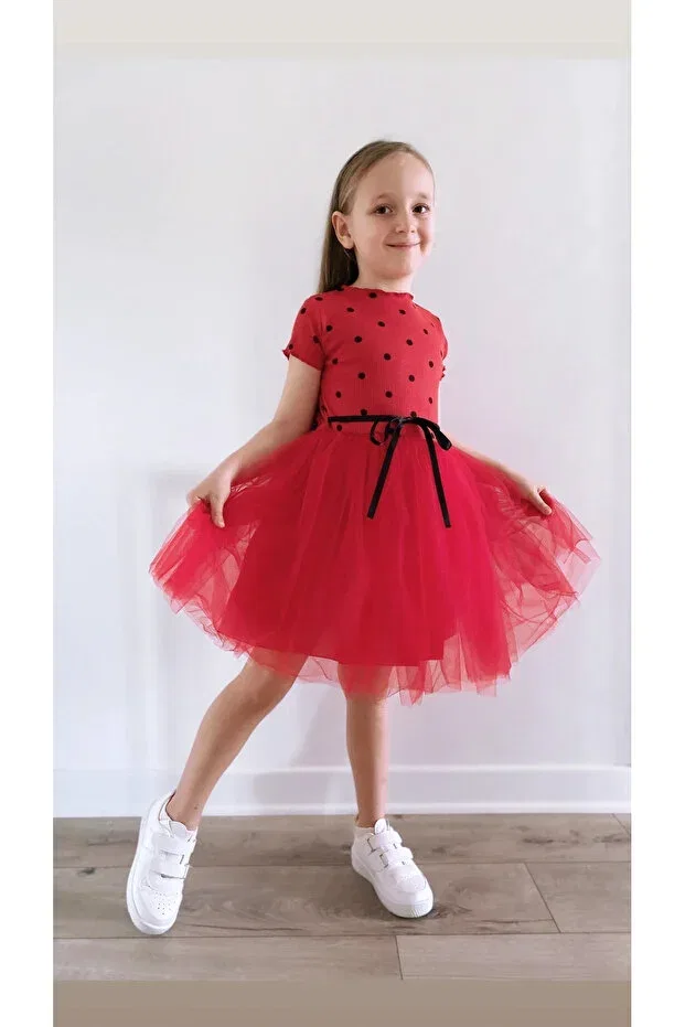 Детское платье для девочек с принтом Linda short sleeve girl princess fluffy al red polka dot flexible lycra tulle tutu dress Şirin Şeyler Butiği, Al Red — фото 3