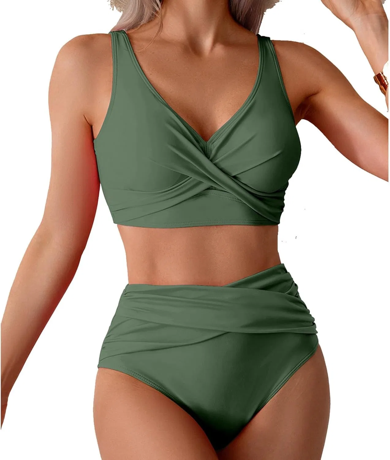 Женский бикини-сет с завышенной талией и утяжкой, Army Green — фото 2