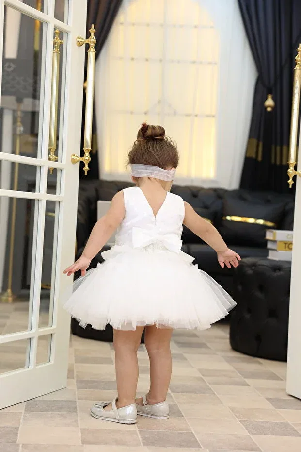 Детское платье для девочек с принтом Ruched star pattern embroidered tulle baby girl evening dress Miss Rain, White — фото 4
