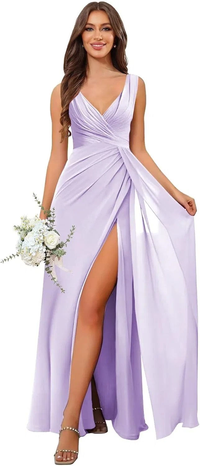 Женское вечернее платье с разрезом и рюшами, Lilac