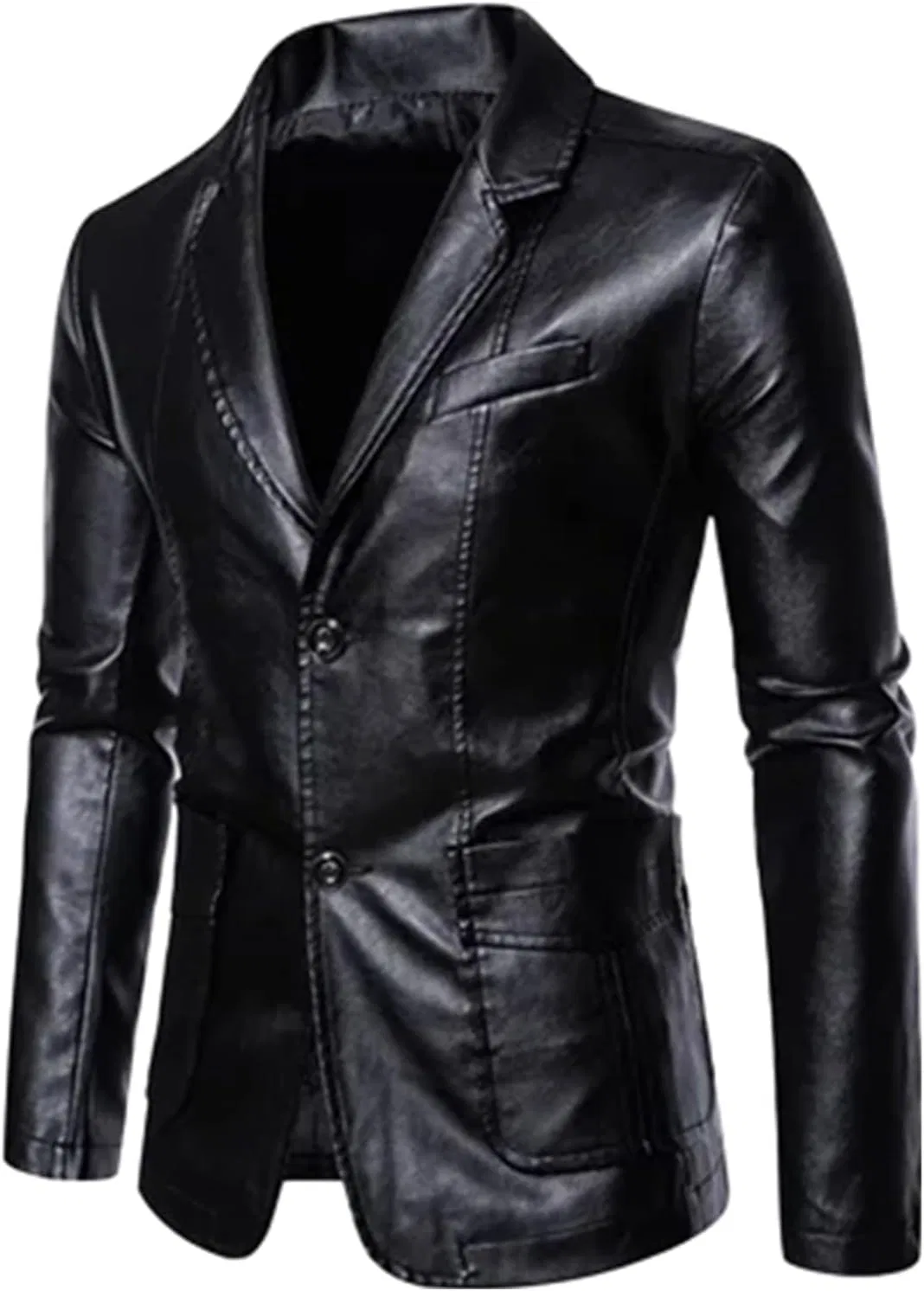 Мужское кожаное пальто с воротником-стойкой, Slim Fit, чёрный