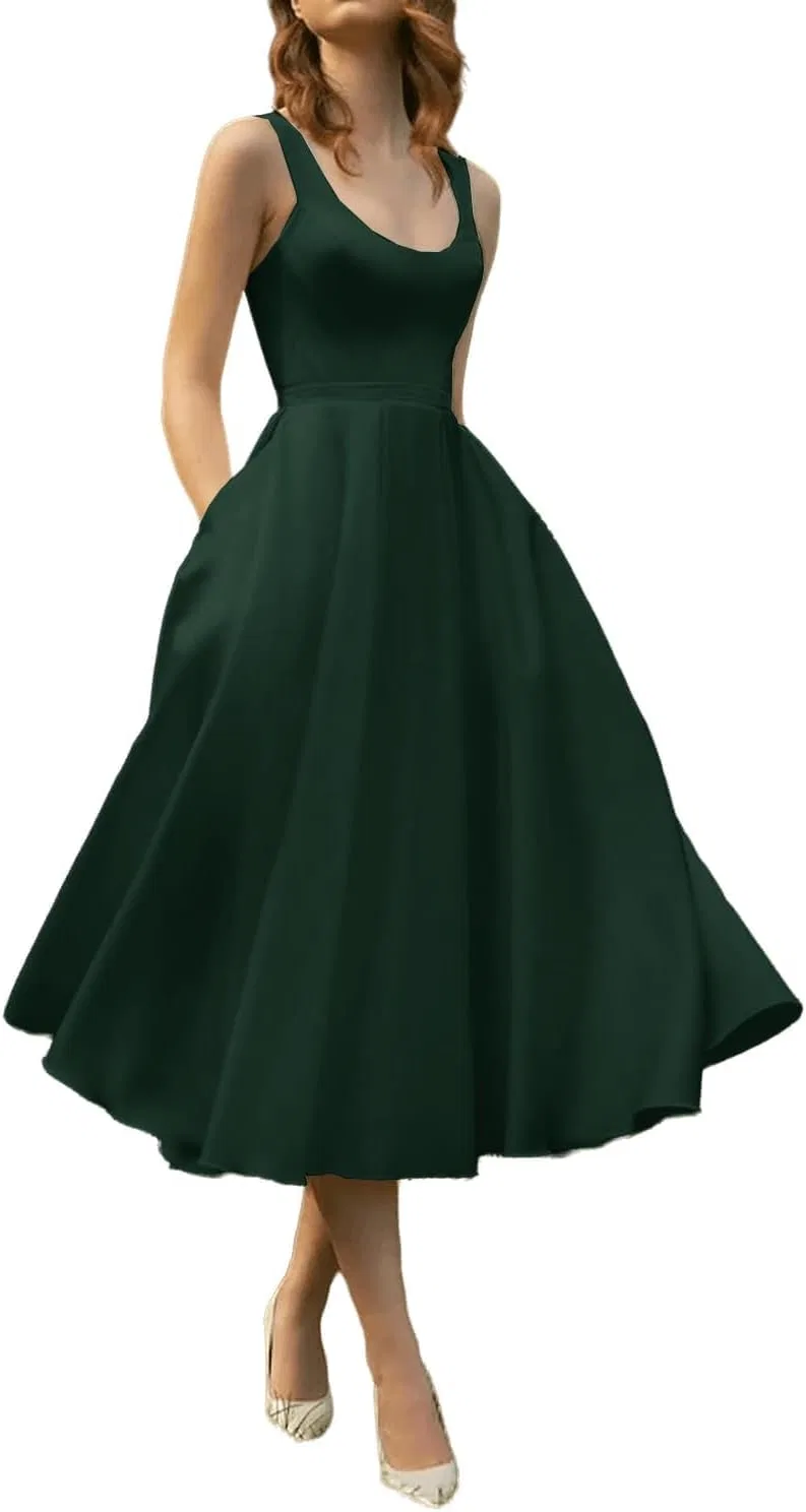 Женское коктейльное платье А-силуэта с запахом, длина миди, Satin, Dark Green