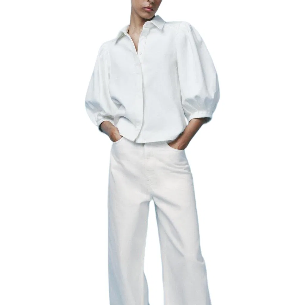 Женская рубашка с отложным воротником ZW Shirts Oyster White ZARA, Oyster White — фото 4