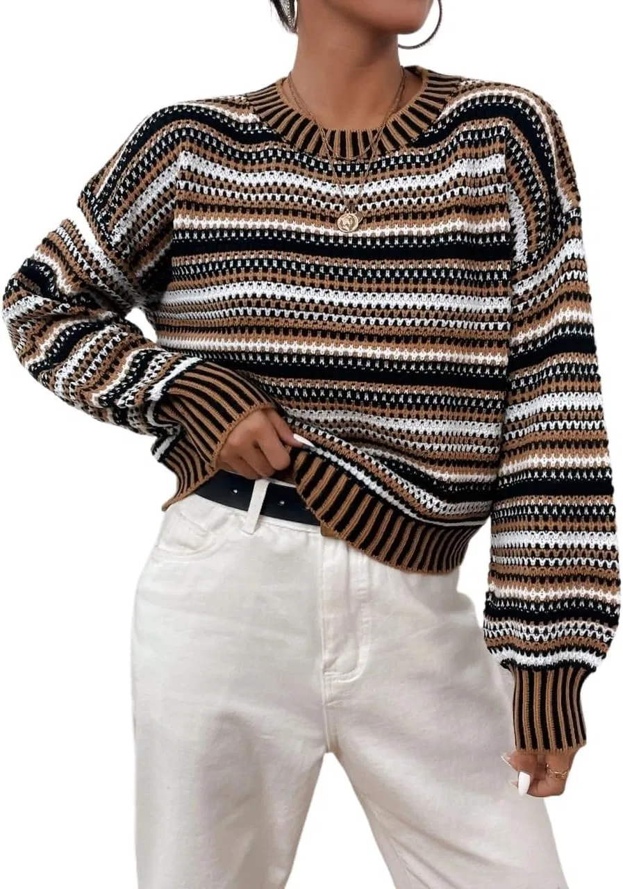 Женский свитер с длинным рукавом, Drop Shoulder Lantern Sleeve Striped, мультиколор