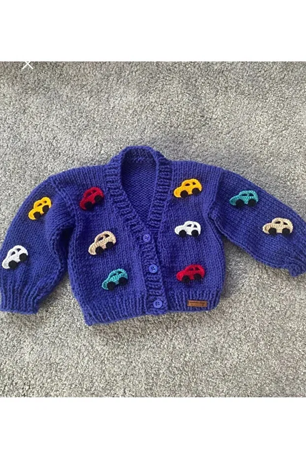 Детский для мальчиков комплект кардигана и шарфа с шапкой Hand Knitted Set Boy's Car Detailed Cardigan and Scarf & Beanie Set Nevalin, Navy Blue — фото 2