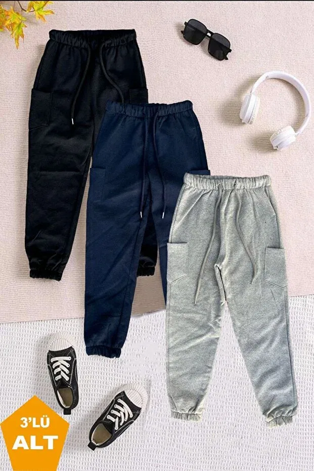Детские спортивные штаны для девочек с начесом 3-шт Twins Tailors, Black-Grey-Navy Blue