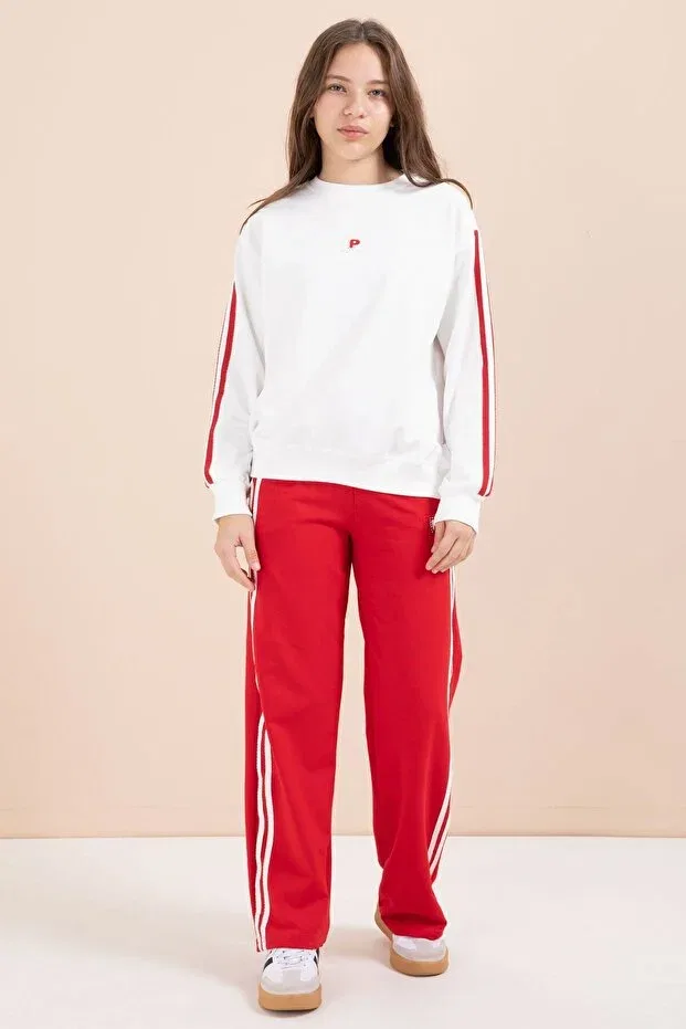 Детский комплект спортивного костюма для девочек с принтом Red Striped Detail Wide Leg Embroidered Girl's Oversized Tracksuit Set Cansın Mini, Red
