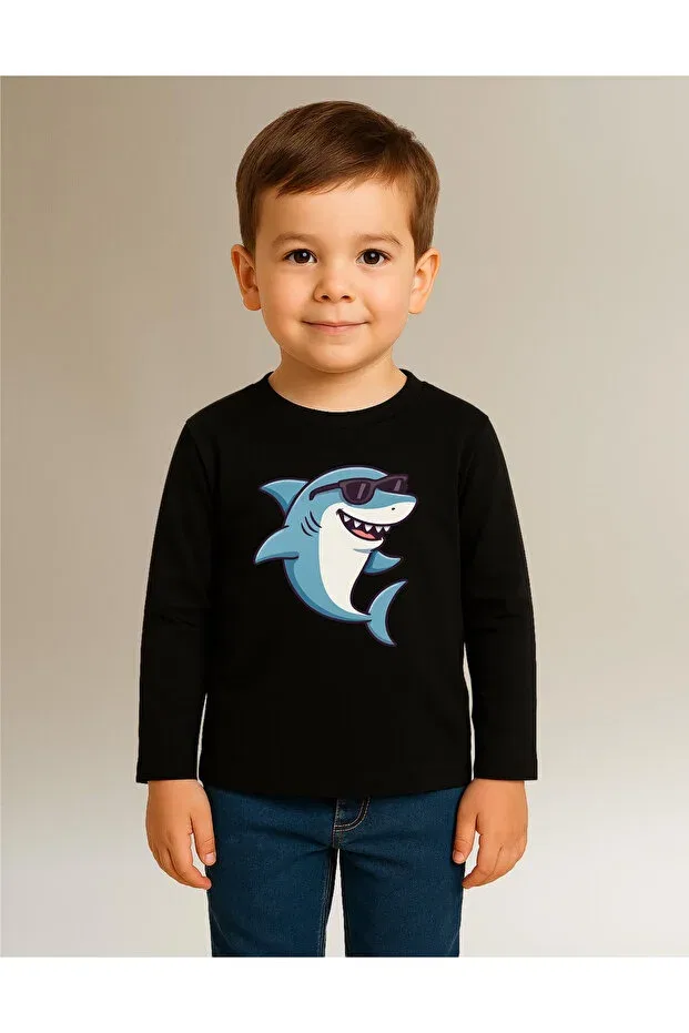 Детская футболка с длинным рукавом с принтом Cool Shark With Sunglasses Mixxi Fashion, Black — фото 4