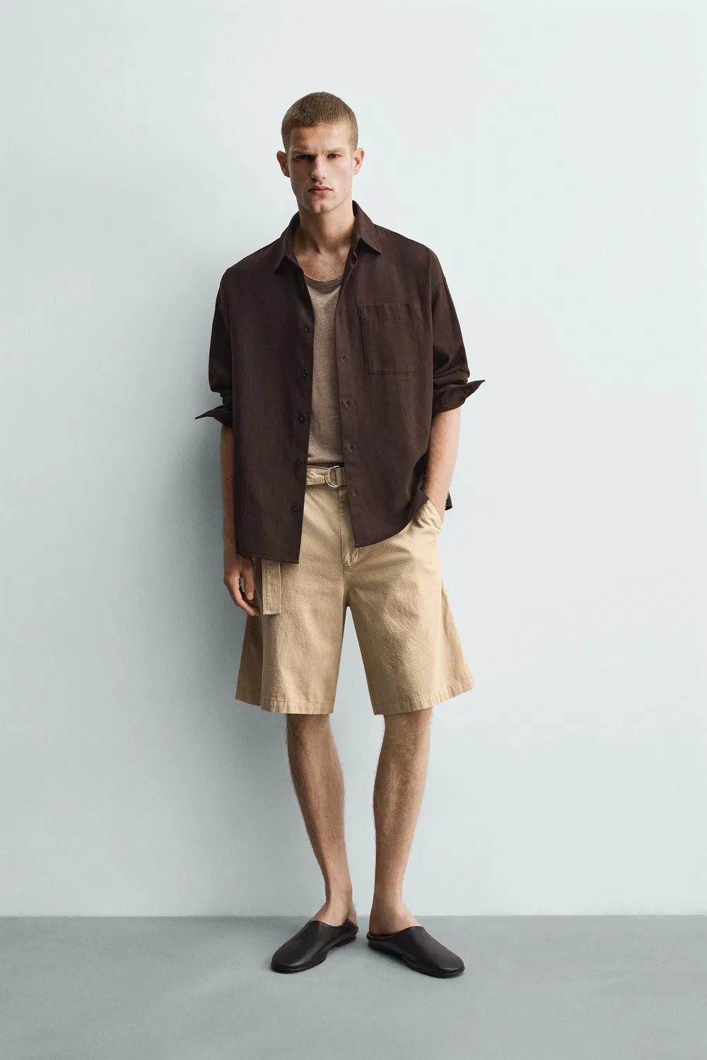 Свободные бермудские шорты с поясом ZARA, Dark Beige