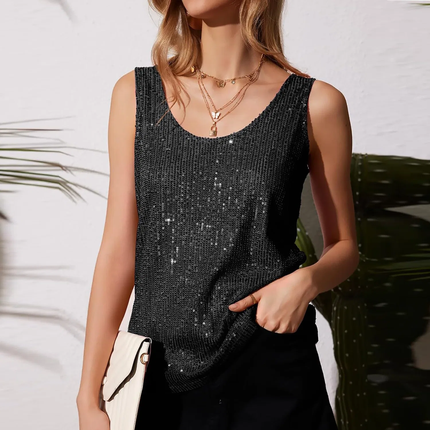 Женская туника без рукавов с блестками Sparkly Elegant Loose Sleeveless Tunic Top, Black — фото 2