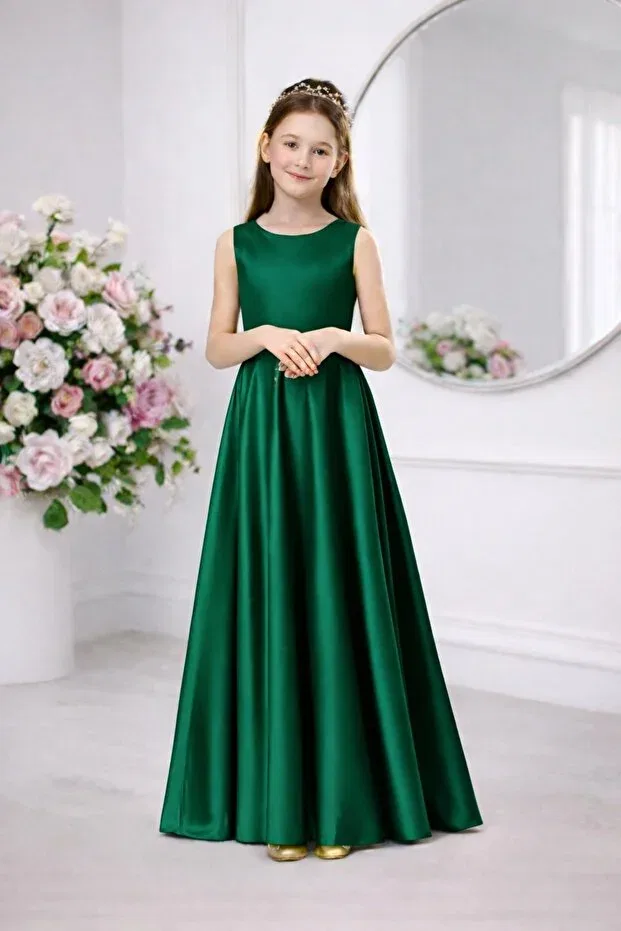 Детское платье для девочек сатиновое с принтом Party Suneh, Emerald Green