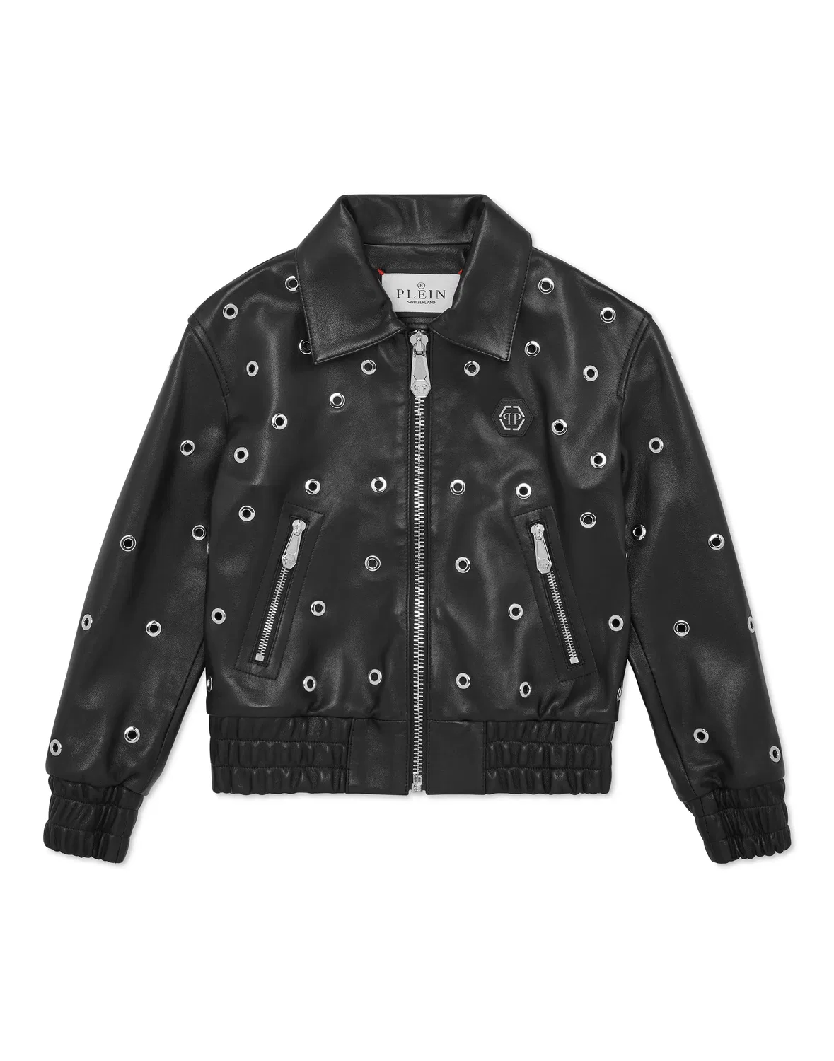 Детская кожаная куртка-бомбер с люверсами Cropped Leather Bomber LS Eyelet PHILIPP PLEIN, черный