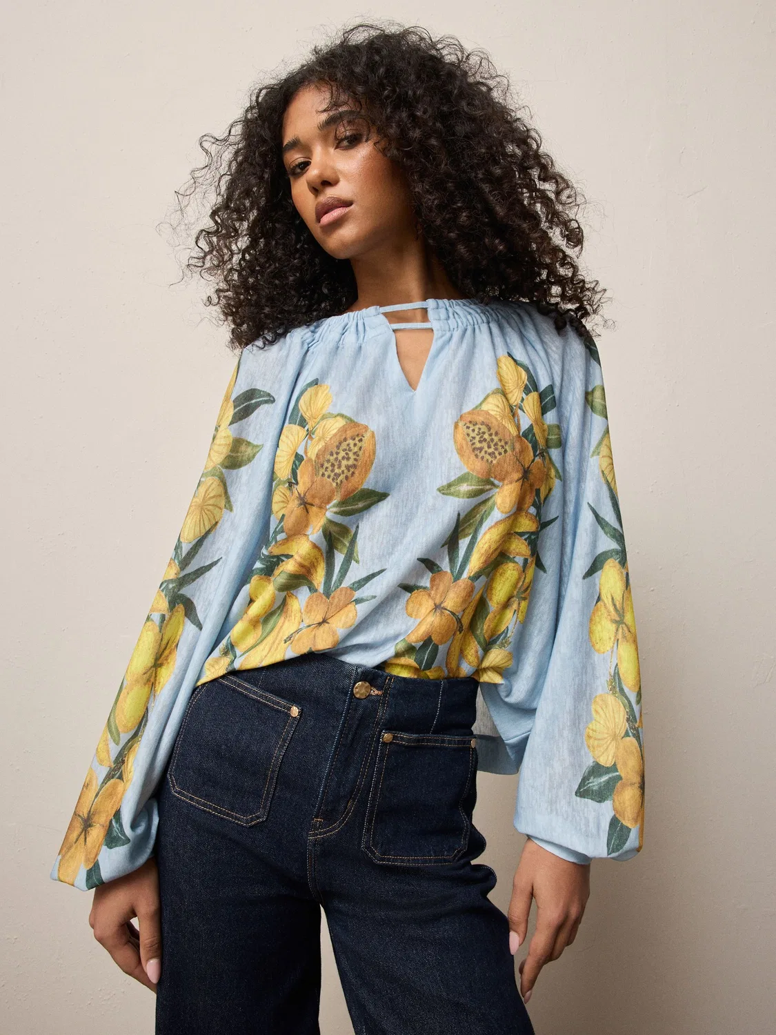 Топ с длинным рукавом, вырез Notch Neck, Blue Floral Print Next, синий — фото 2