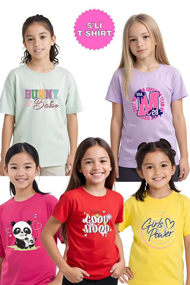 Детский комплект футболок с принтом Good-Panda-Power-Bunny-M Panios Kids, Red-Fuchsia-Yellow-Mint Green-Lilac