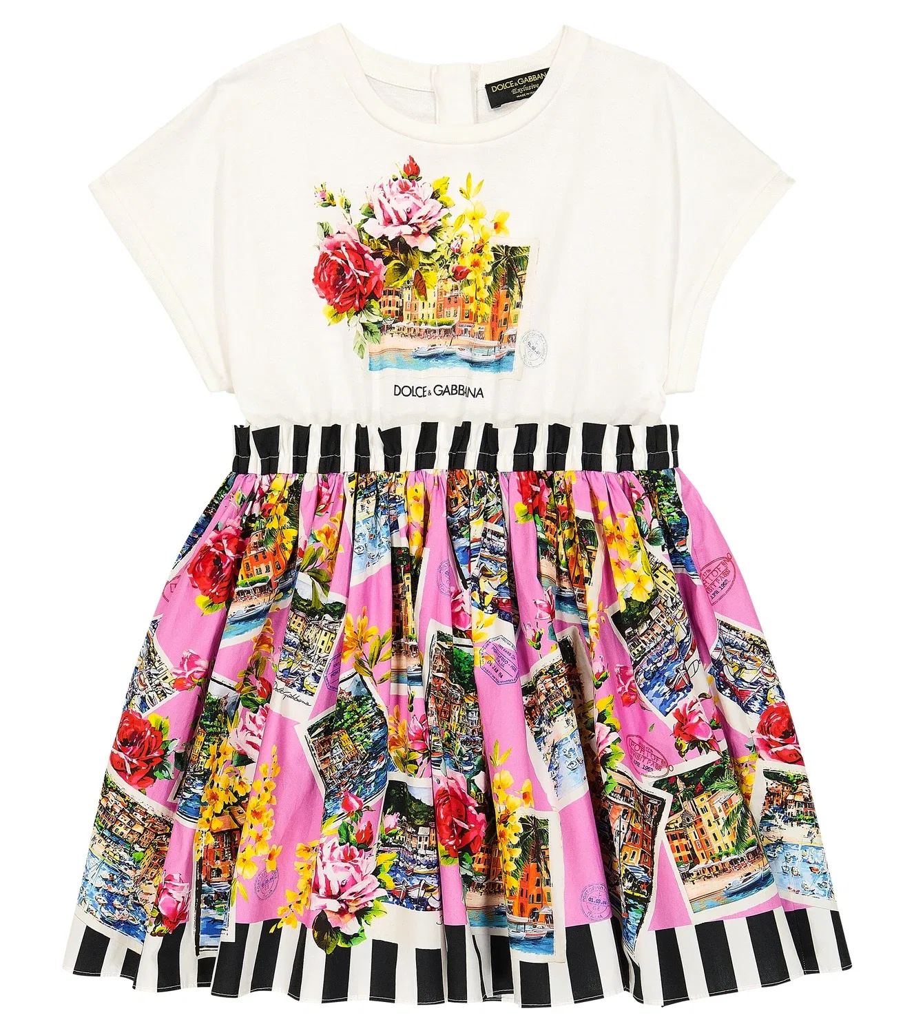 Платье хлопковое с принтом Portofino Cartoline Dolce&Gabbana Kids, белый