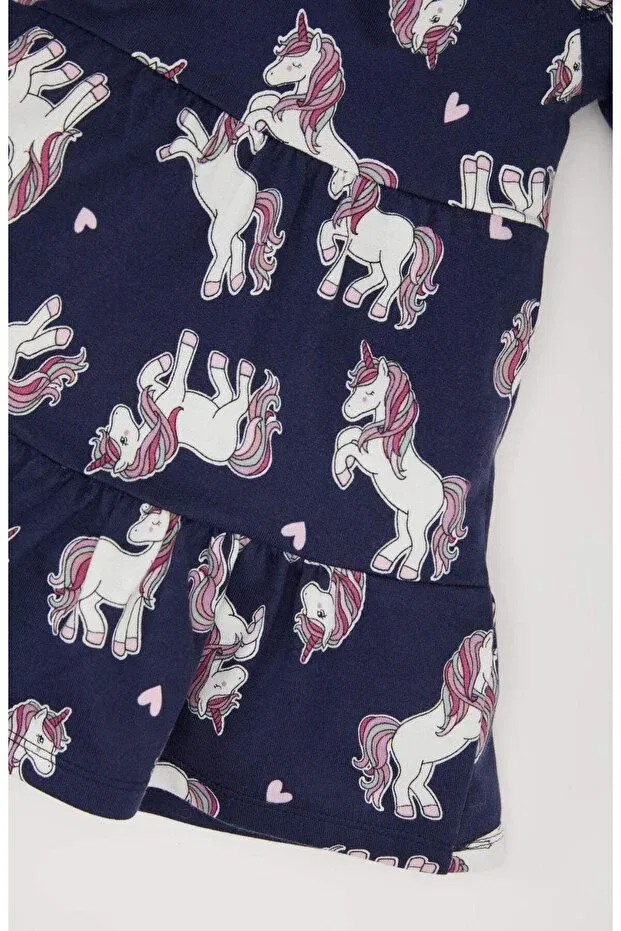 Детское платье-свитшот для девочек с принтом Unicorn Printed Long Sleeve Sweat Dress, Defacto, Navy Blue-Nv241 — фото 3