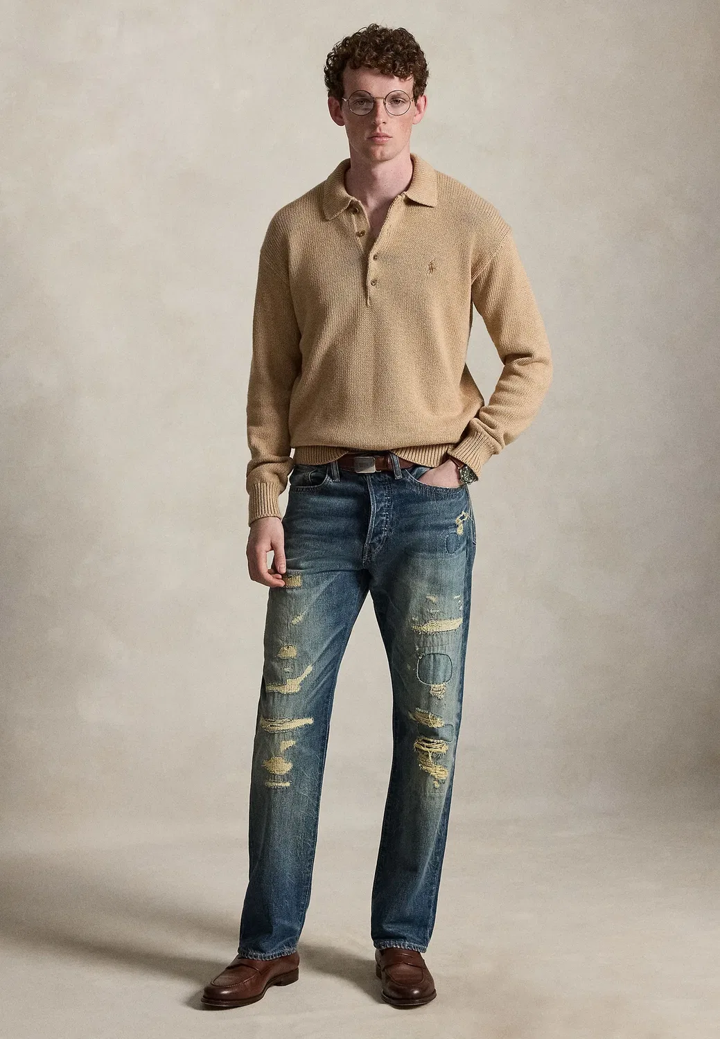 Вязаный хлопковый свитер с воротником-поло Polo Ralph Lauren, Camel Melange — фото 2