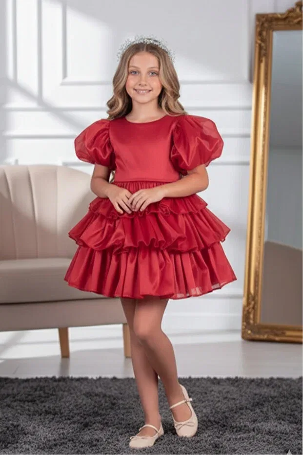 Детское вечернее платье для девочек с коротким рукавом Dream Model Crowned Tail Red Abiyekids, Red — фото 4