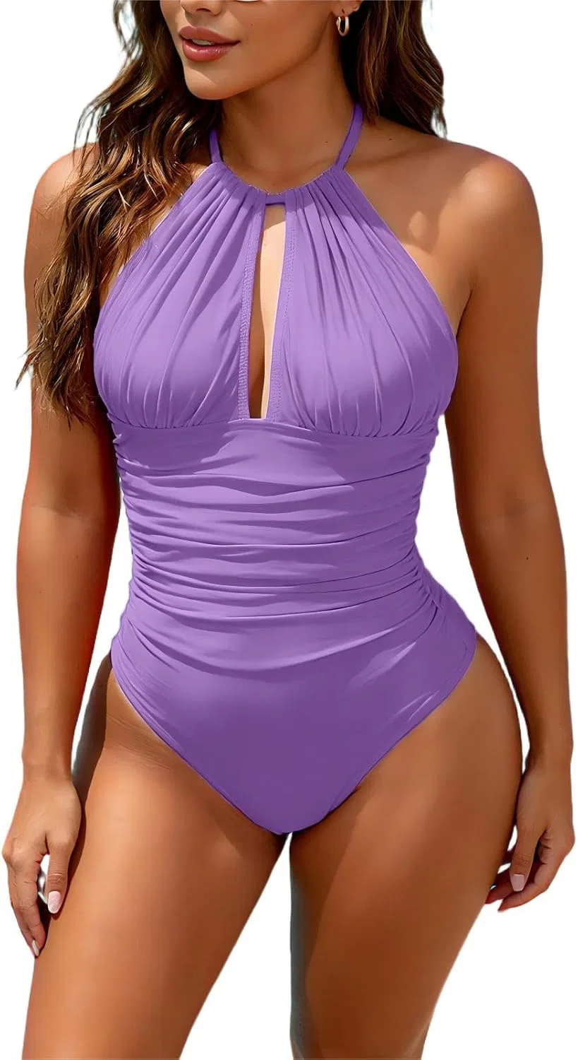 Цельный купальник с утяжкой живота и вырезами, Purple