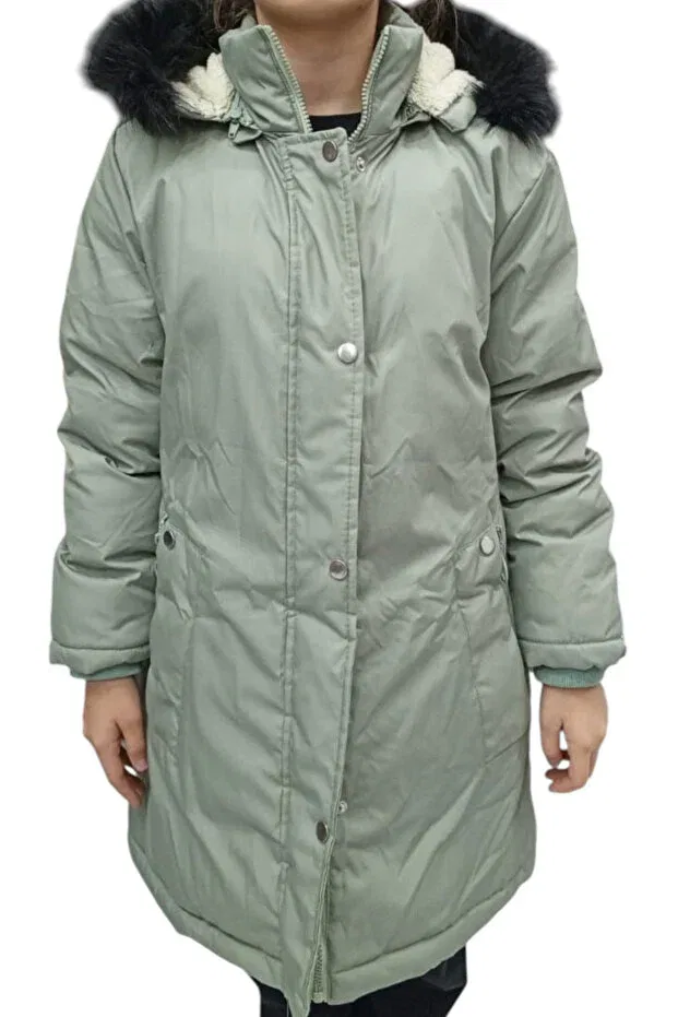 Детское пальто для девочек с капюшоном Girl'S mint green hooded fur-lined plush lined zipper snap closure midi length puffer jacket Irem Çocuk Giyim, Mint Green