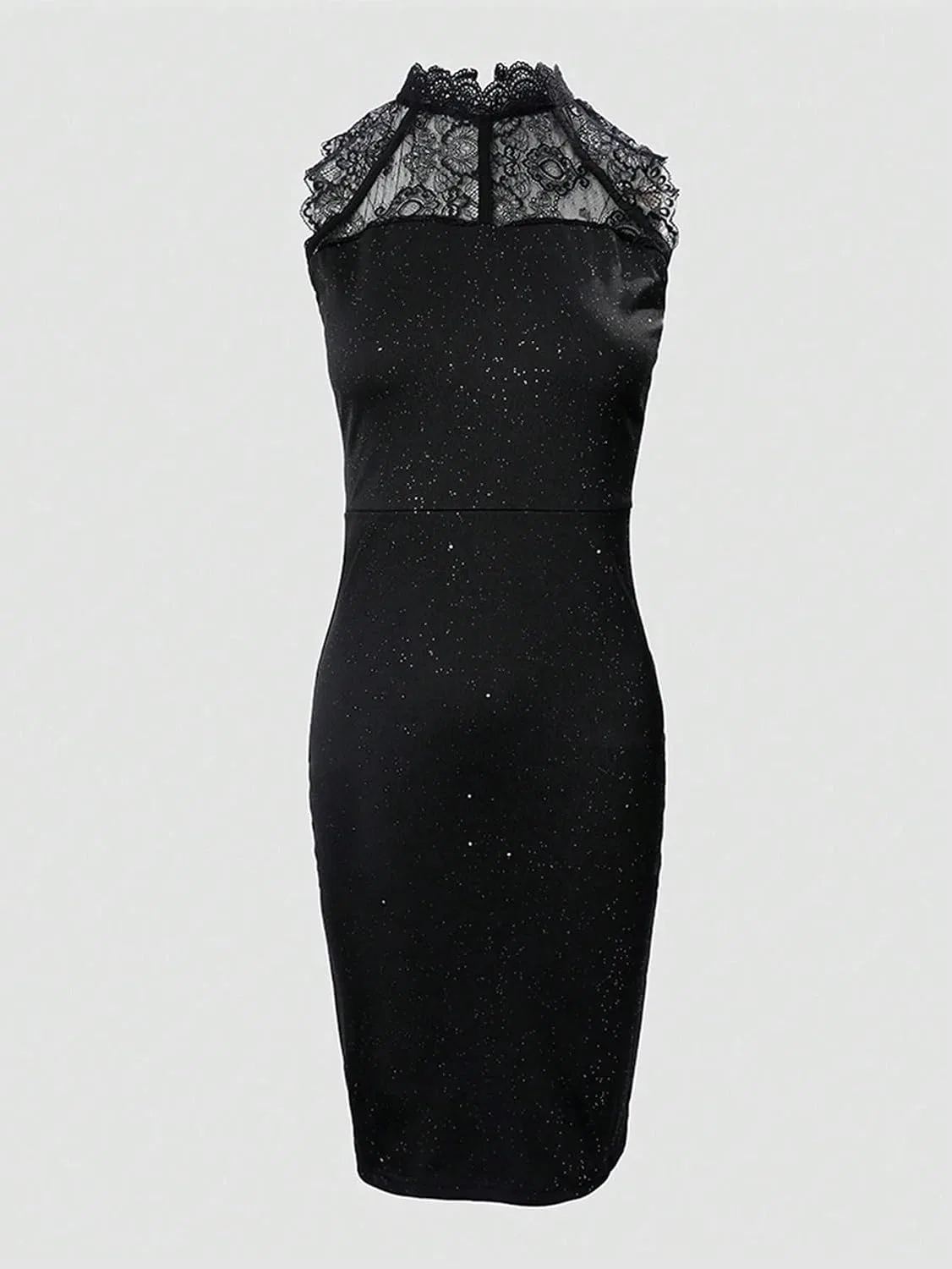 Женское повседневное миди-платье без рукавов с кружевной вставкой Generic, Black — фото 3