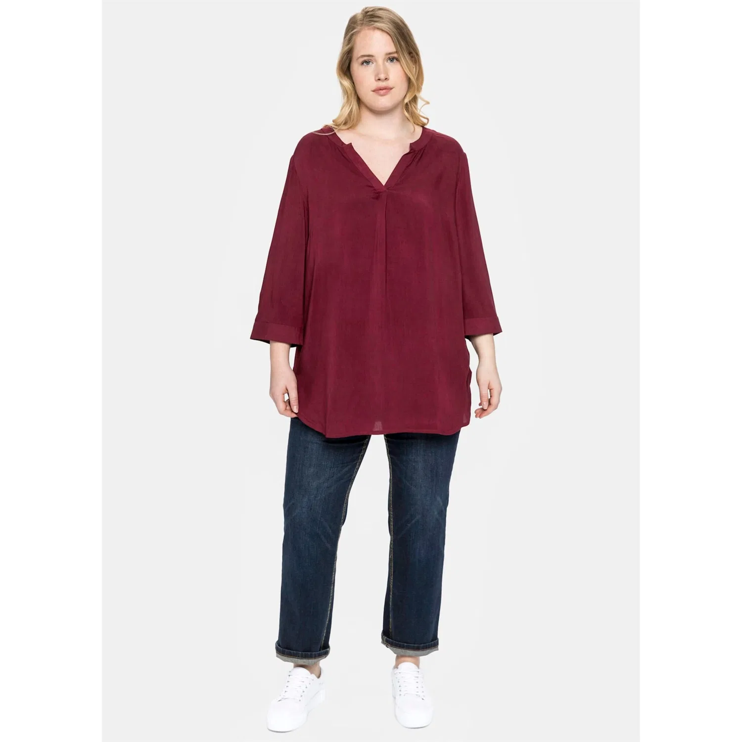 Женская блузка длинная с декоративной складкой Sheego, Wine Red — фото 4