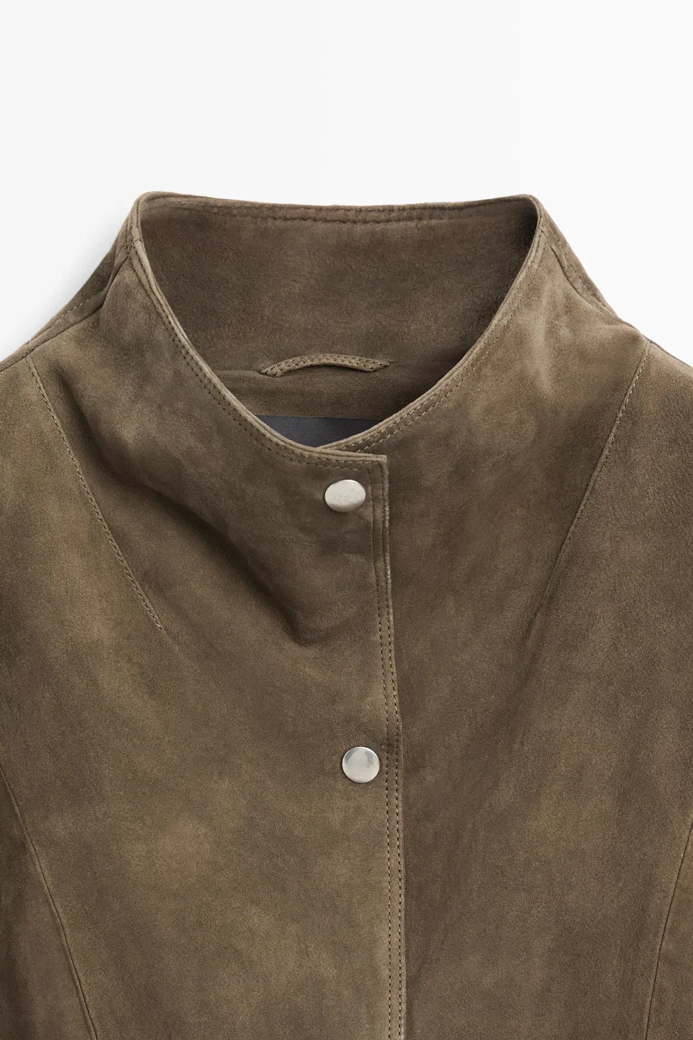 Куртка Massimo Dutti, из замшевой кожи, с высоким воротником, хаки — фото 4