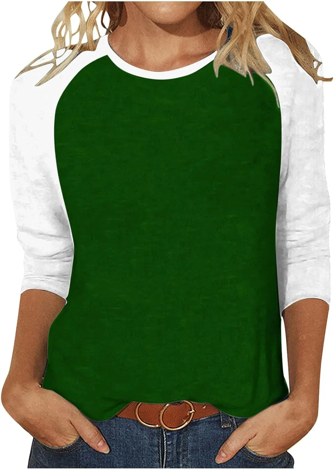 Женская свободная блуза с цветовыми блоками, 3/4 рукав, Army Green