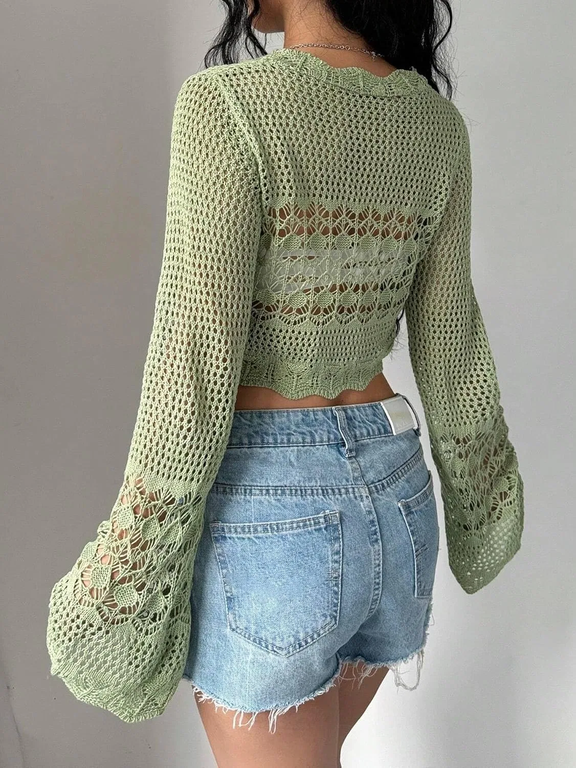 Женский удлиненный кардиган с открытым передом, модель Hollow Knit Crop, цвет Green — фото 2