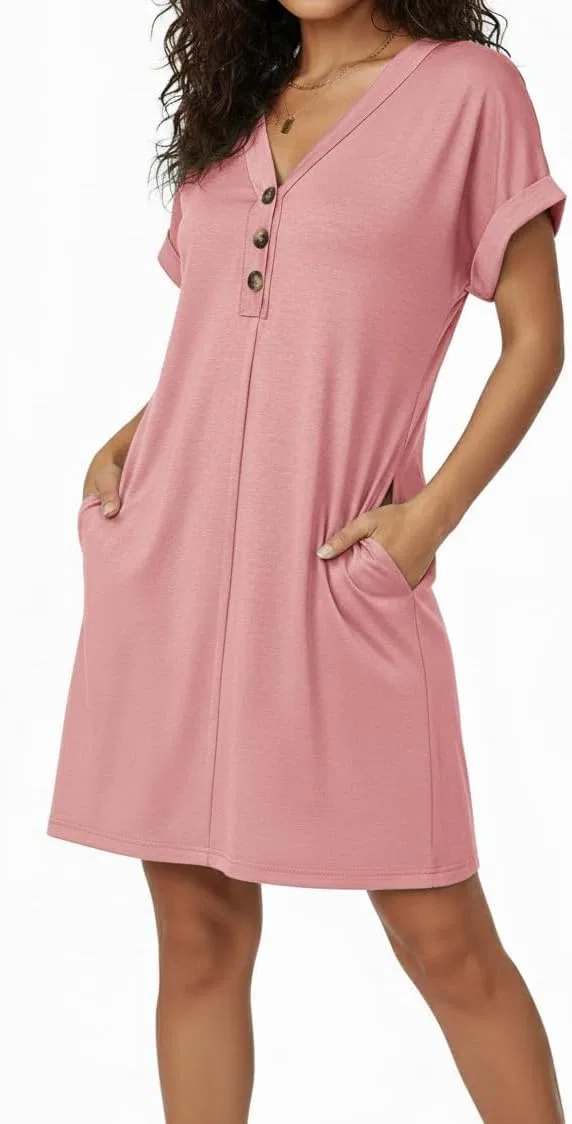 Женское мини-платье V-образным вырезом и пуговицами Casual, Pink
