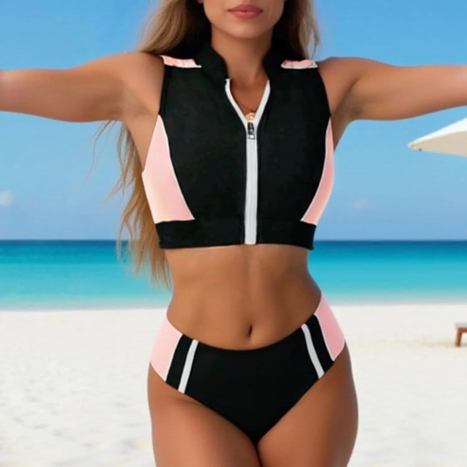 Женский танкини с завышенной талией, цвет-блок, с молнией и шортами Athletic Swimwear, Pink — фото 3