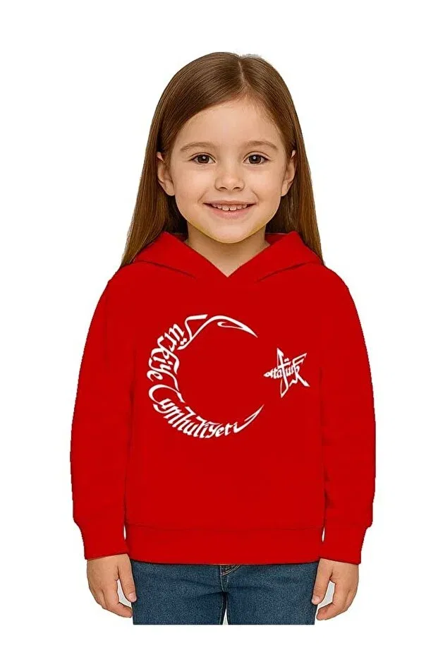Детское худи для девочек с принтом Unisex moon and star may 19 october 29 april 23 november 10 ataturk children's hooded sweatshirt Sedirli, Red — фото 2