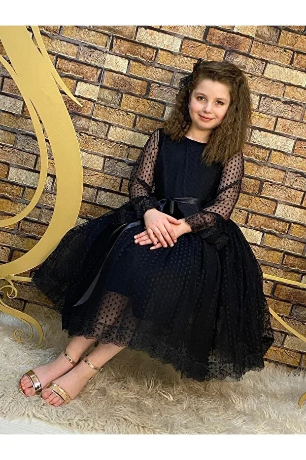 Детское платье для девочек кружевное с поясом Abiyekids, Black — фото 2