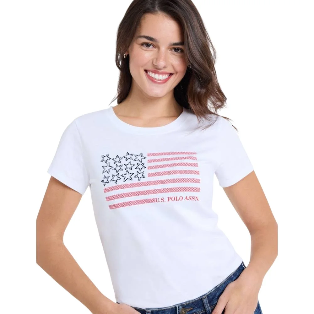 Женская футболка U.S. Polo Assn. Rhinestone Flag Crew Neck, белый