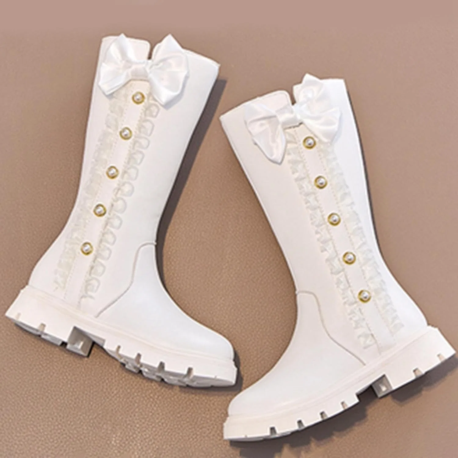 Детские ботинки для девочек с принтом, зимние, из полиуретана, модель Mid Calf Combat Boots, White — фото 3