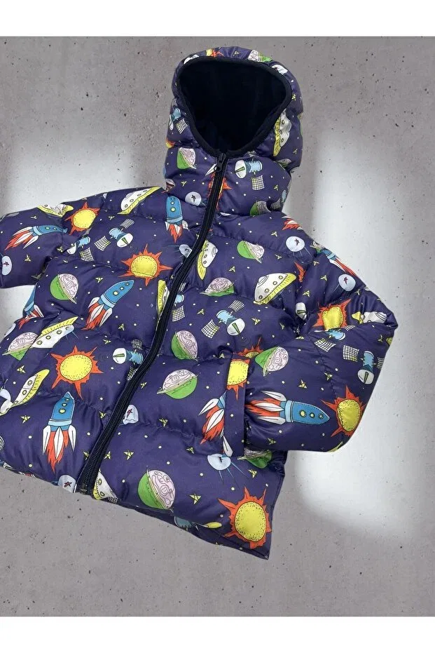 Детское зимнее пальто для девочек с принтом UFO Fleece Hooded Down Jacket Outriverkids, Digital Printed — фото 2