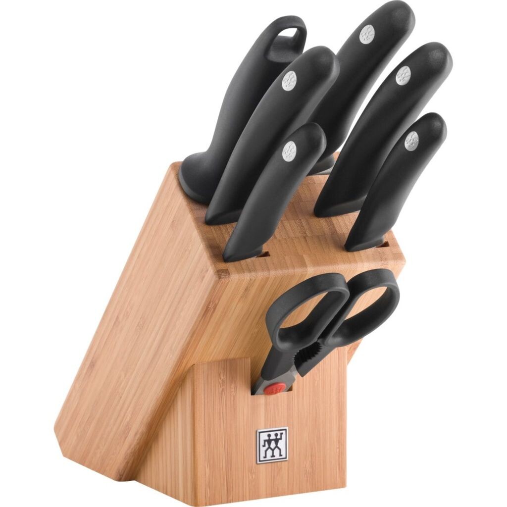 

Блок ножей ZWILLING Style, 8 предметов, бамбуковый блок, нож, точильный стержень и ножницы из специальной нержавеющей стали/пластиковая ручка, черный