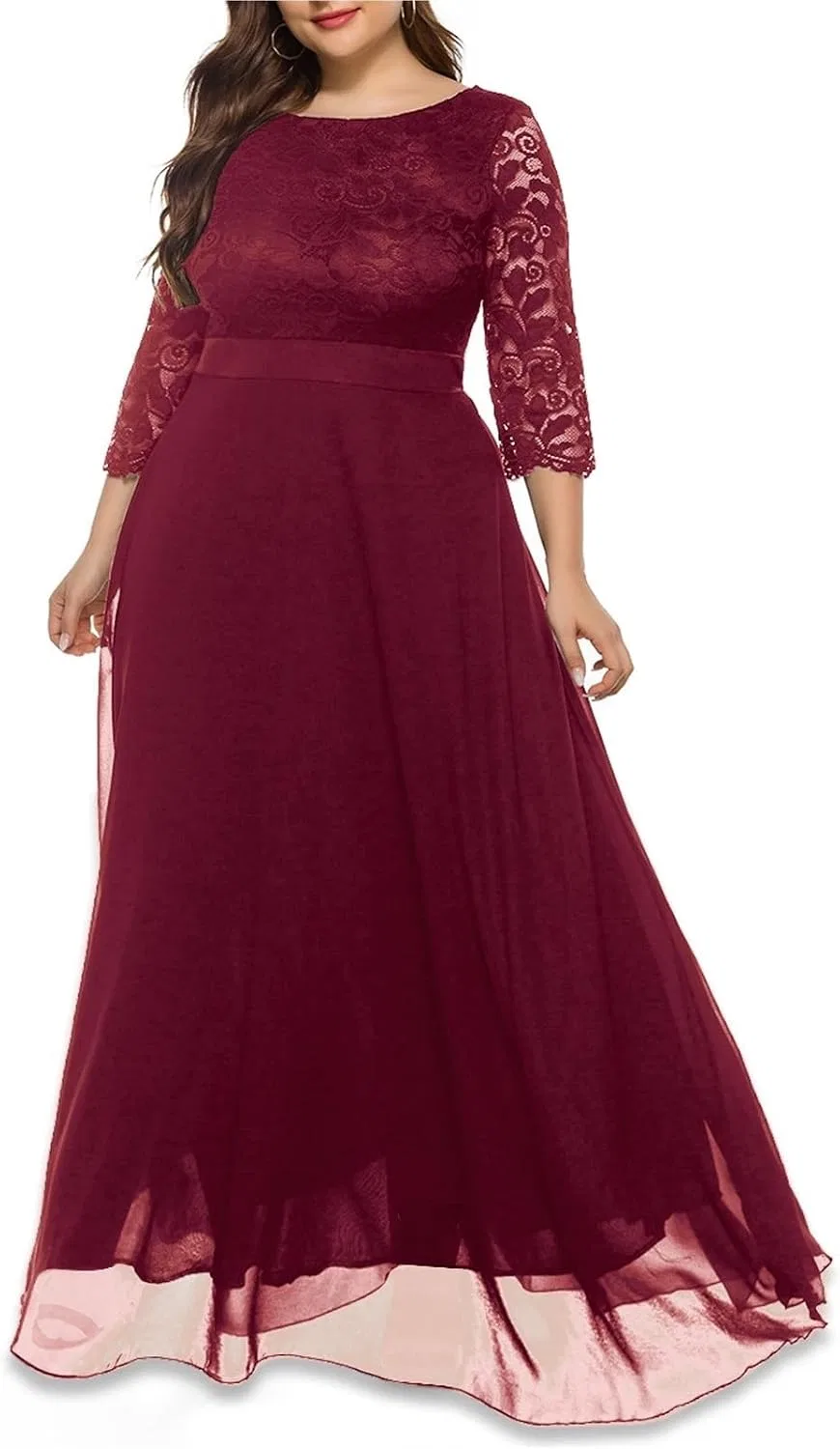 Женское кружевное макси-платье с длинным рукавом, Wine Red