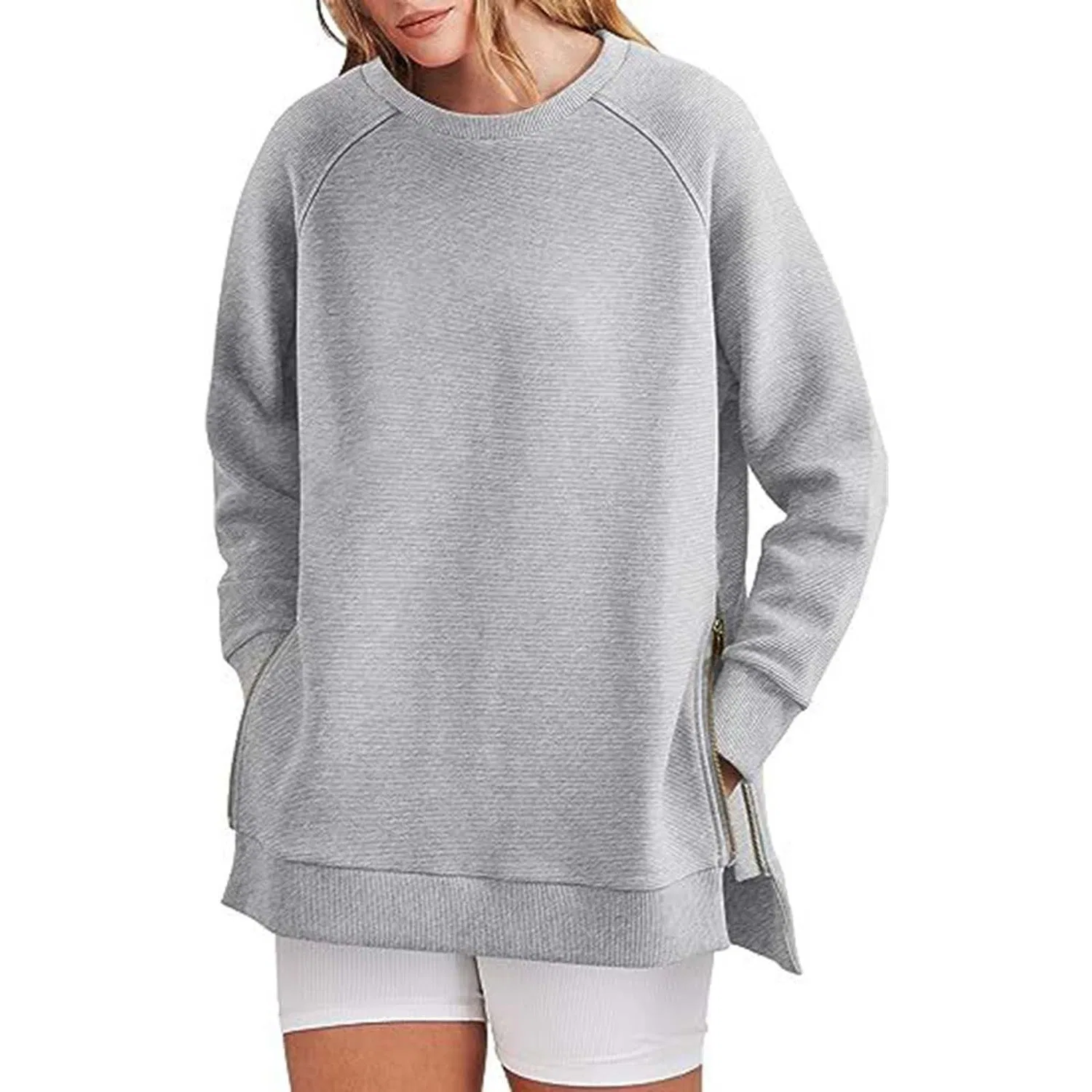 Женский хлопковый свитшот с круглым вырезом и боковой молнией, Grey