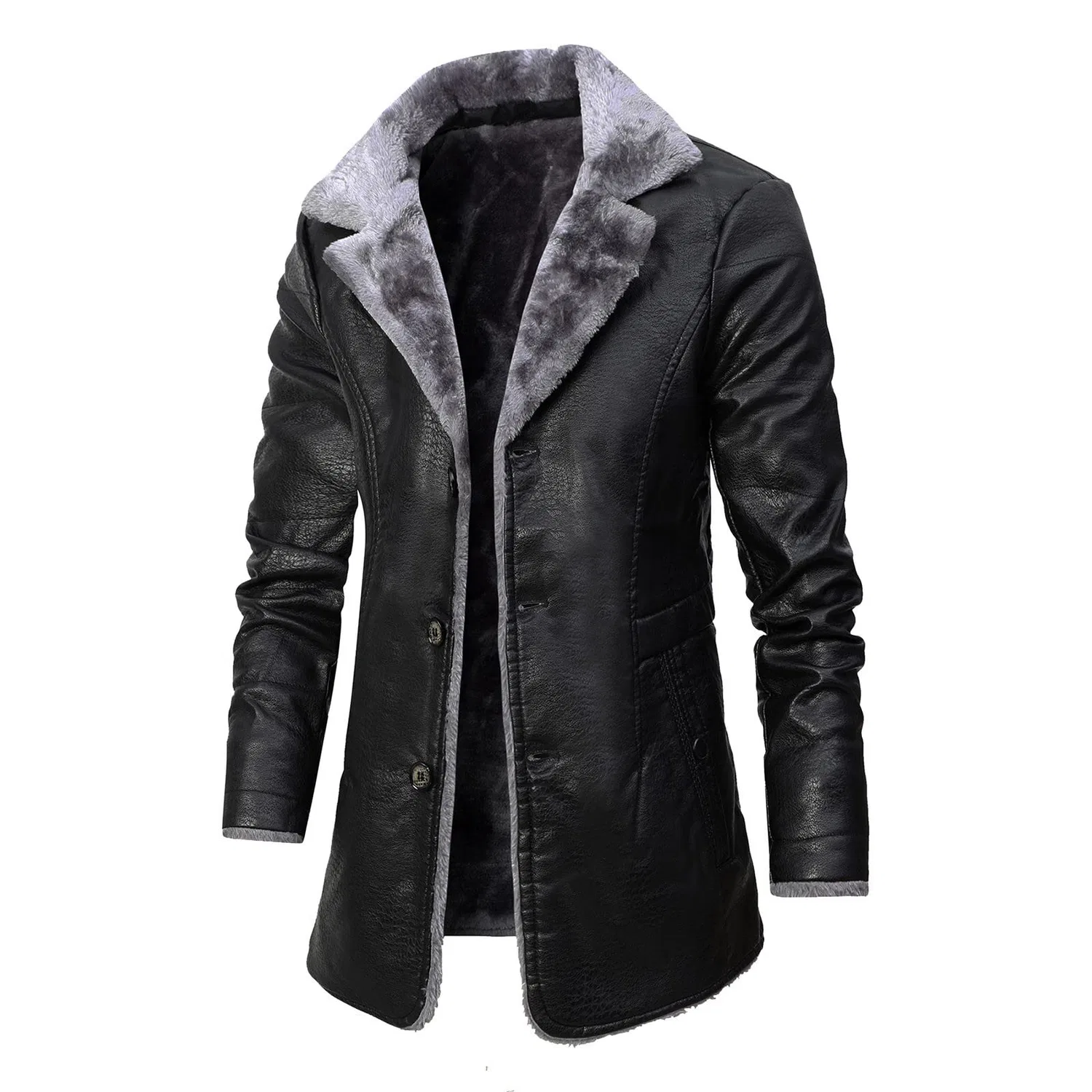 Мужская кожаная куртка с воротником-лацканом, P01-Black — фото 2
