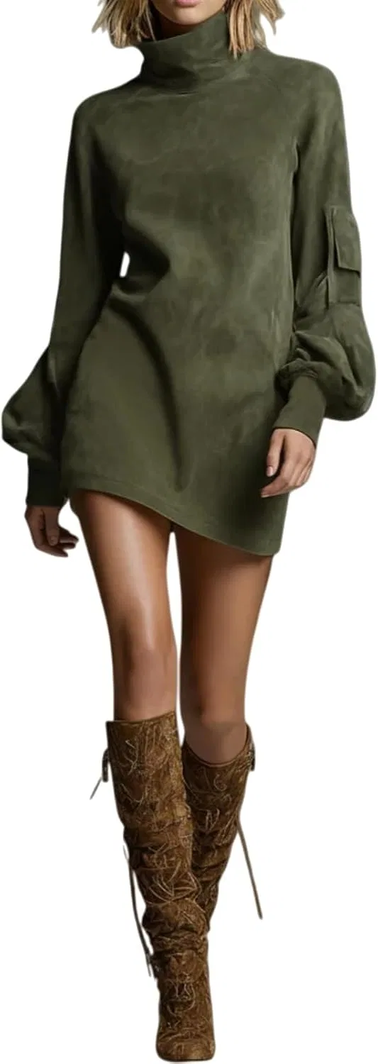 Женское мини-платье с высоким воротником из искусственной замши Vintage, Army Green