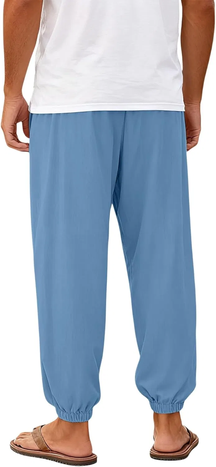 Мужские брюки свободного кроя с эластичным поясом, модель Cotton Linen Pants, голубой — фото 4