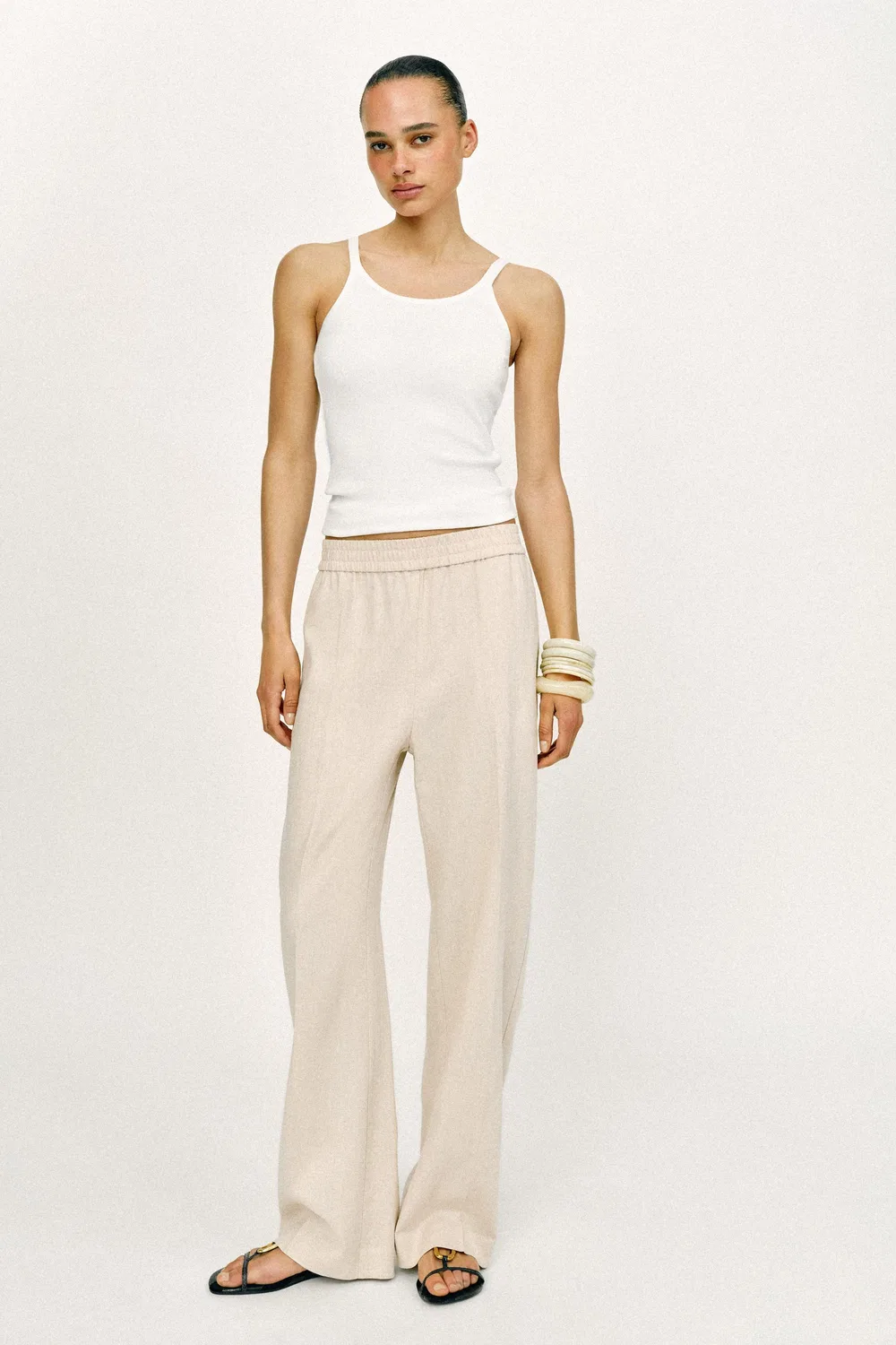 Прямые брюки из льна ZARA, Light Beige