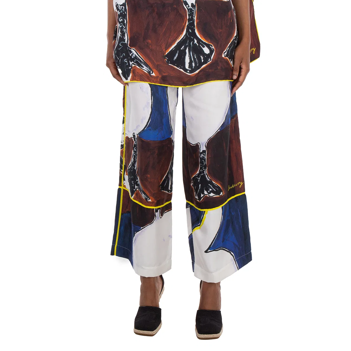 Брюки клеш из шелка с графическим принтом Graphic-Print Silk Flared Trousers Burberry, Knight Ip Pattern