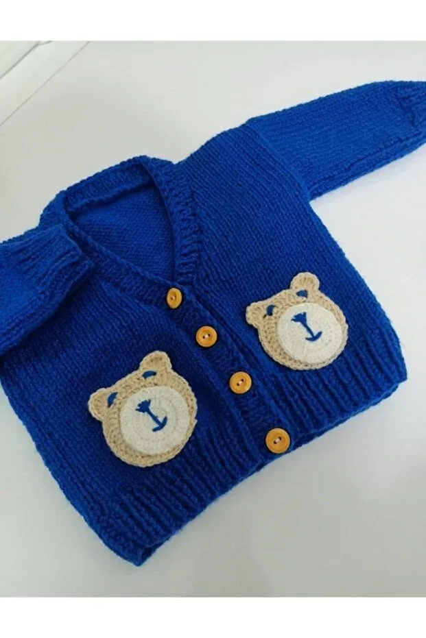 Детский кардиган для девочек с V-образным вырезом Hand knitted crop baby kids cardigan Aksakadam, Blue — фото 2