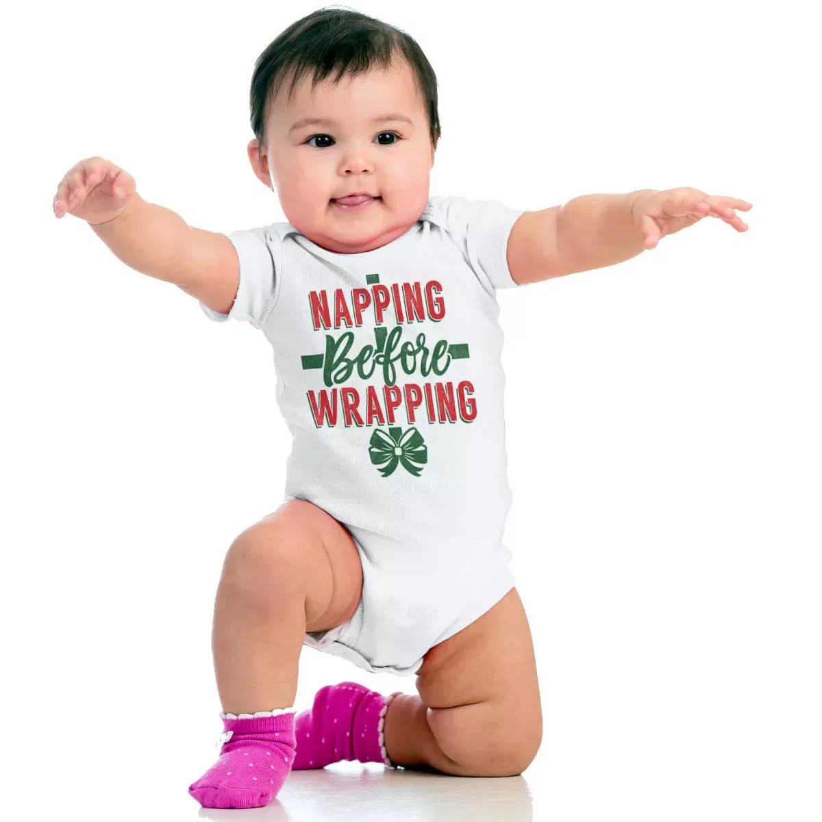 Детское боди для девочек с принтом Xmas Napping Before Wrapping Presents Brisco Brands, Heather — фото 4