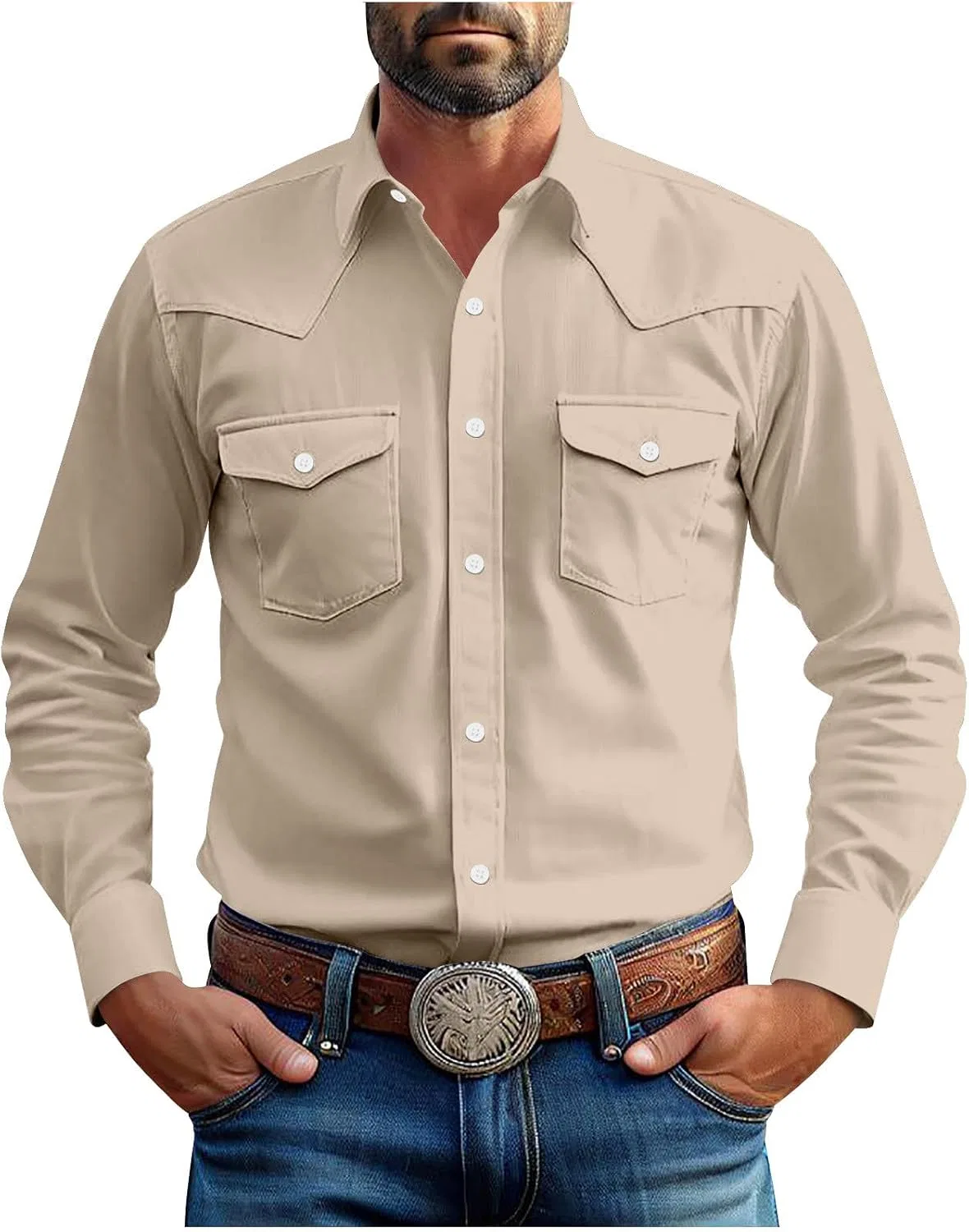 Мужская рубашка с длинным рукавом Western Cowboy Shirts, хаки